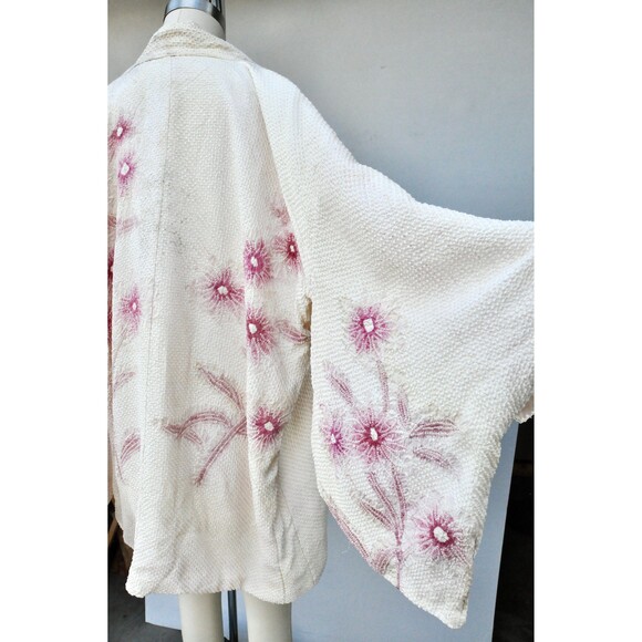 Textured Crinkled Silk Kimono Floral Reversible Haori Robe Duster Bed Jacket - Picture 6 of 9